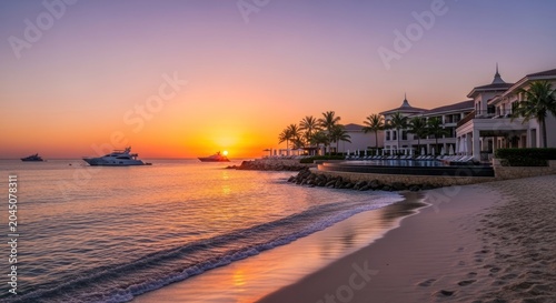 Serene tropical shorefront resort illuminates under a vibrant sunset with luxury watercraft floating offshore