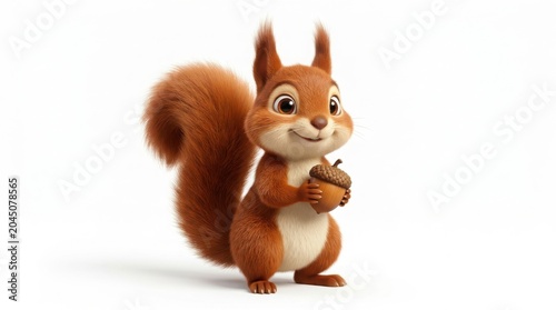 Cute 3D squirrel character holding an acorn, adorable red squirrel with fluffy tail, friendly forest animal mascot for children books isolated on White Background