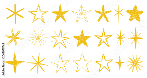 Golden Stars Collection. A set of hand-drawn golden stars in various styles, perfect for design and decoration. vector graphic, abstract shape, holiday symbol, decorative element, creative art.