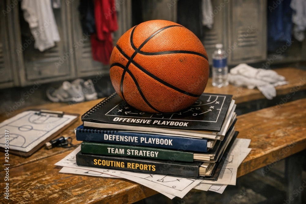 Naklejka premium A basketball ball perched on top of a pile of books, suggesting knowledge and learning