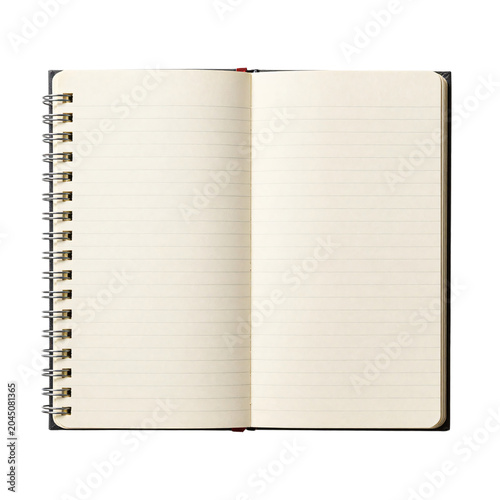 Open notebook with blank lined pages and spiral binding on a white background