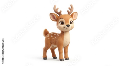 Adorable 3D cartoon deer character with antlers, cute baby fawn illustration for children's books, friendly forest animal mascot with brown fur isolated on White Background