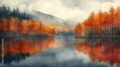 Autumn lake reflection watercolor landscape
