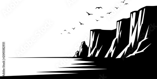 Black, silhouette cliffside landscape, ocean waves, flying birds, vector illustration