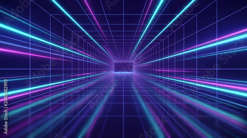 Futuristic neon grid tunnel with glowing blue and purple light lines creating vibrant digital corridor, reflecting on shiny floor, evoking sense of speed and technology