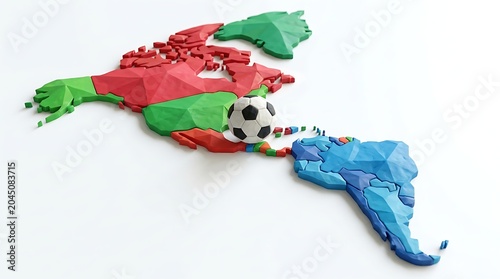 low poly map of north america and south america with soccer ball