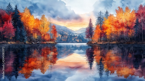 Autumn lake reflection watercolor landscape