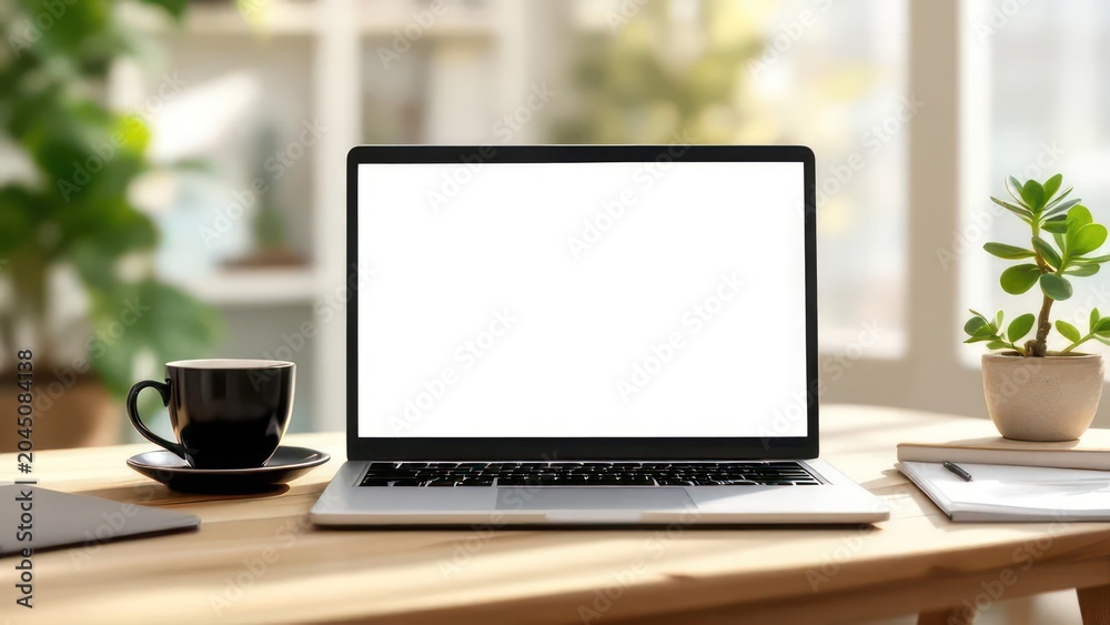 Fototapeta premium Modern laptop on wooden desk with coffee mug