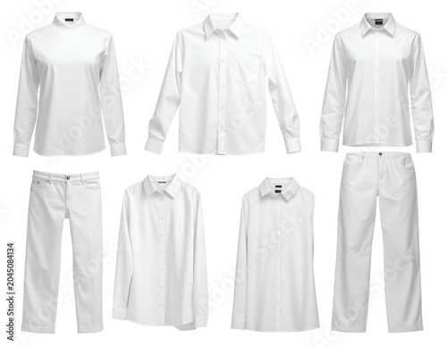 Set of crisp white tops and bottoms displayed against a neutral background