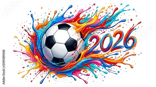 soccer ball with colorful splashes and year 2026 on white background