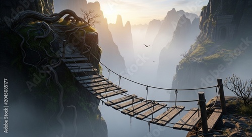 An old, unstable wooden rope bridge hanging dangerously between misty, steep cliffs in an ancient fantasy mountain landscape with a bird flying