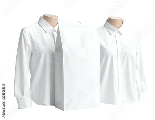 Two white shirts on mannequins, a plain white pouch between them