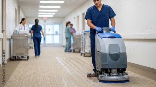 Male janitor in blue scrubs operating a floor scrubber machine in a busy hospital corridor with medical staff walking in the distance