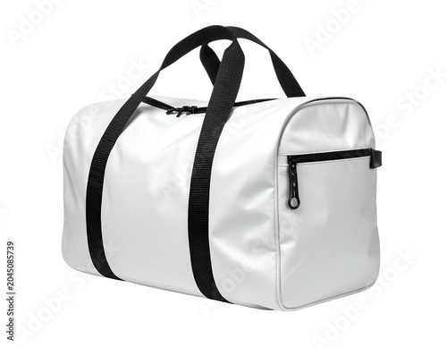 Glossy white duffel bag with black straps and zippered pockets