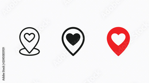 Location pin icon with heart symbol. Concept of favorite place, destination, local business, travel location, map marker and customer loyalty