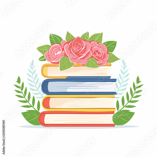 Stack of Books with Pink Roses and Green Leaves