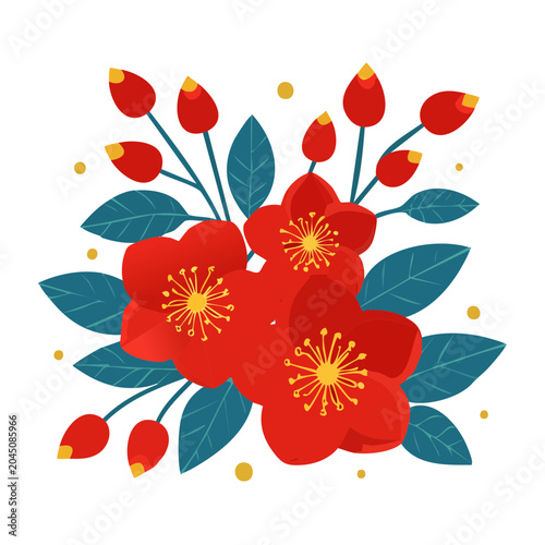Red flowers with buds and leaves, flat design