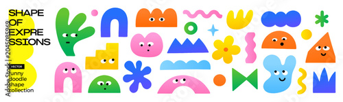 Quadro su tela Collection of colorful abstract doodle shapes with faces, representing a fun and playful design element