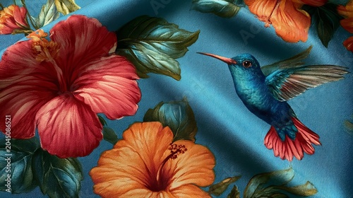 A vibrant hummingbird flies near colorful hibiscus flowers on a blue fabric background