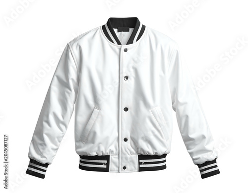 Plain white satin jacket with black striped collar, cuffs, and hem