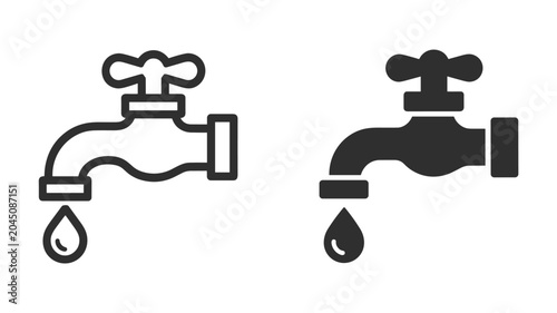 Water Faucet Icons. Two stylized water faucets are depicted, one in outline and one filled, with a single water droplet falling from each, symbolizing water conservation and supply.