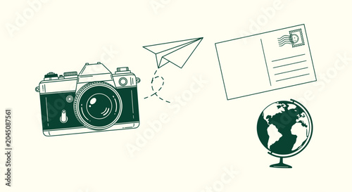 Vintage Travel Illustration with Retro Camera Globe Postcard and Paper Airplane Vector Graphic