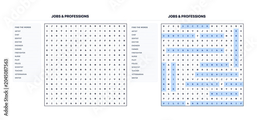 Word Search Crossword Puzzle - Professions Theme | Filword with Solution