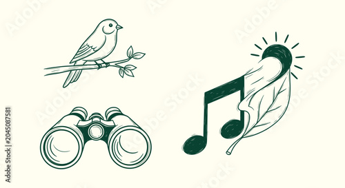 Fotografie Vintage Style Birdwatching Illustration Set with Songbird Binoculars and Nature
