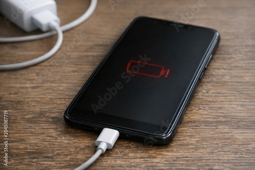 A person's cell phone and charger on a flat surface