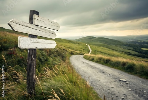 A weathered signpost points the way along a rural countryside path