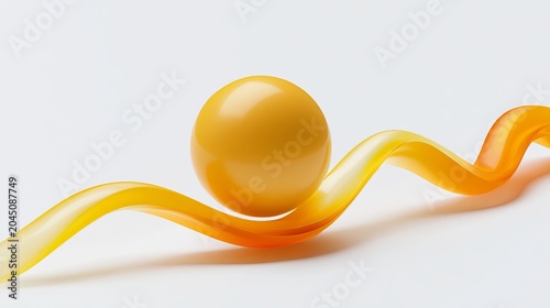 A vibrant yellow sphere balanced on a wavy orange ribbon against a clean white background