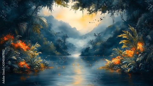 Misty jungle river sunrise