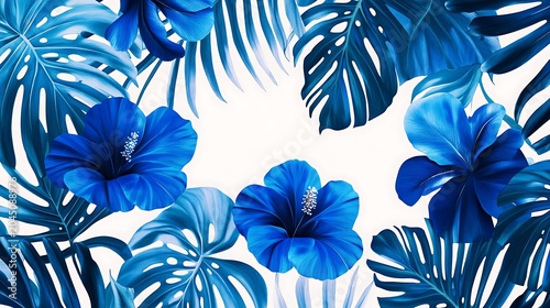 Vibrant blue tropical hibiscus and monstera leaf arrangement on white