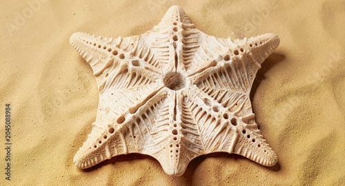 Detailed fossilized star-shaped shell resting on soft golden desert sand.

