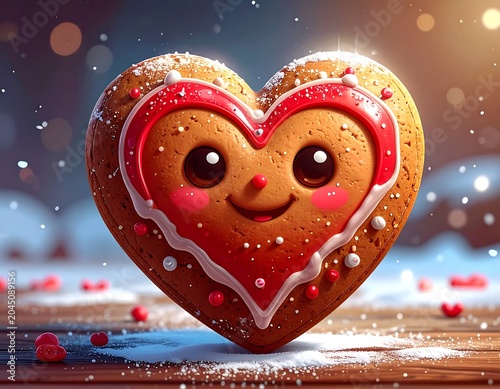 Cute Heart Shaped Gingerbread Cookie Smiling on Snowy Wooden Table
