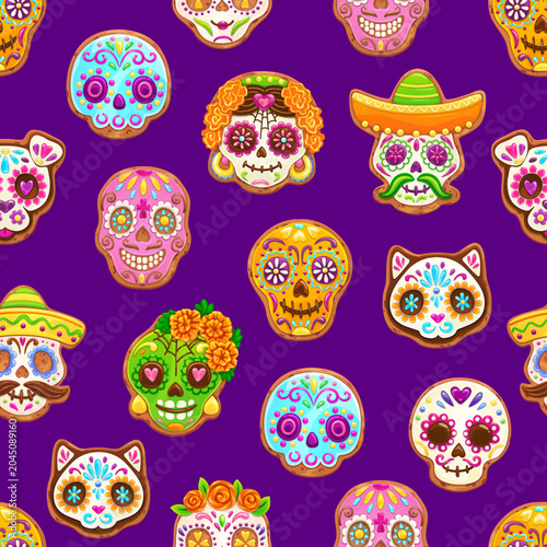 Mexican Dead Day biscuit cookies seamless pattern of decorated Dia de Los Muertos day sugar skulls, cats and faces adorned with floral pattern. Dead Day vector cookie calavera skulls in sombrero