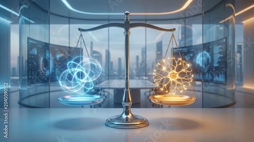 A futuristic scale balancing digital blue and golden glowing atomic models in a high-tech office environment.