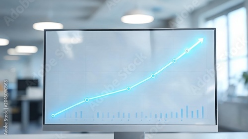 A computer screen displays a glowing upward-trending graph, symbolizing growth or success, set in a modern office environment.