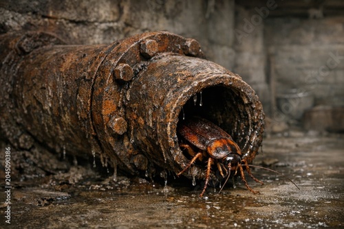 A bug emerges from a rusty old pipe