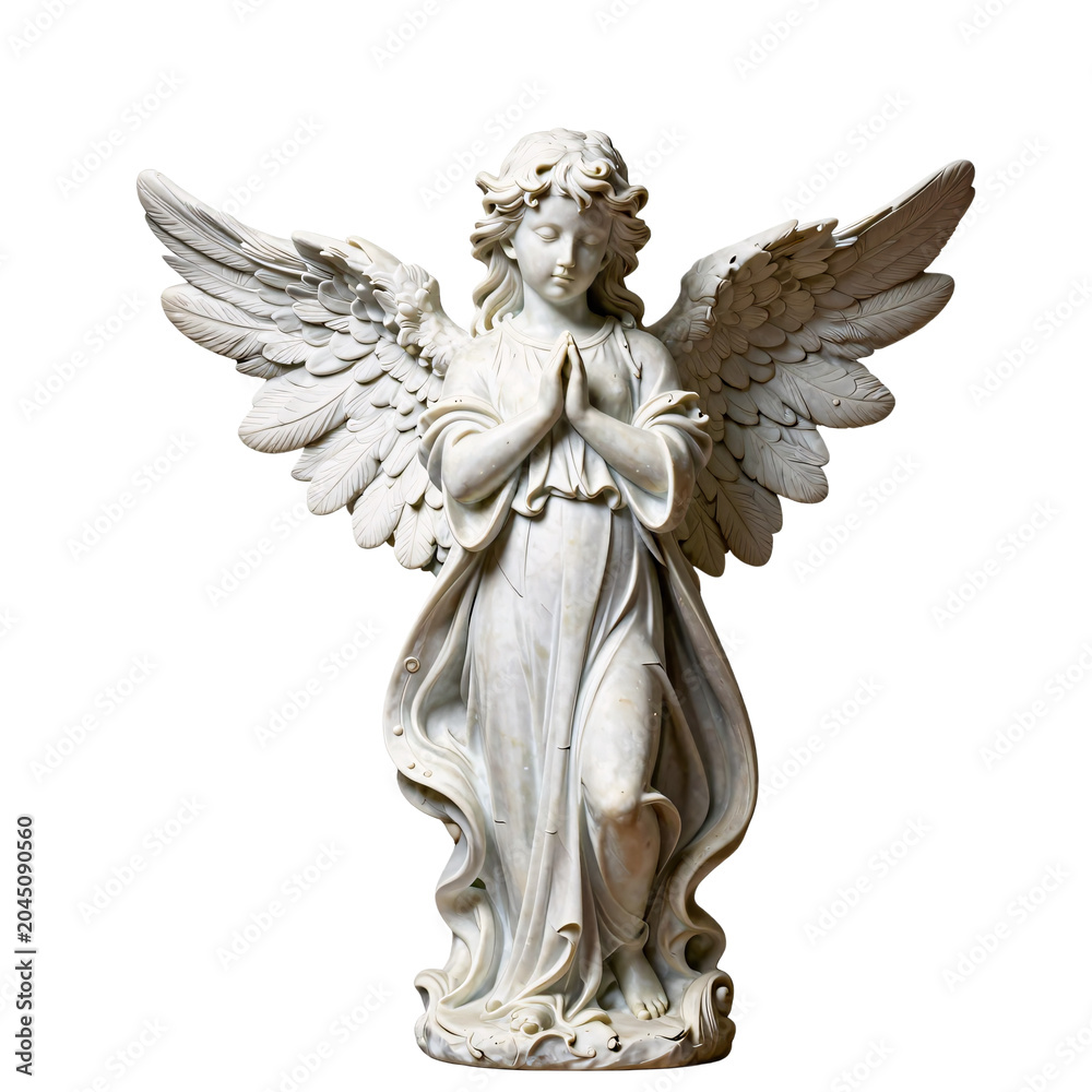 Obraz premium Statue of a praying angel with feathered wings in front of a white background