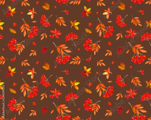 Watercolor autumn seamless pattern with set rowan berries leaves on brown background