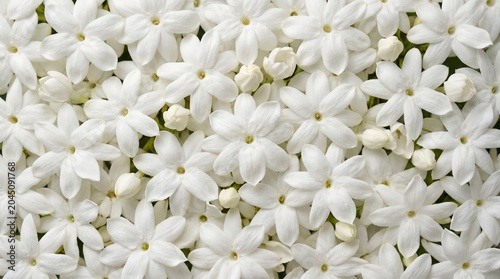 A detailed macro capturing a dense field of pure white jasmine flowers and buds, highlighting their star-shaped petals and fresh, delicate appearance