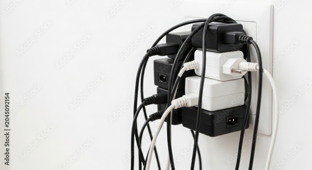 Obraz premium Disorganized power strips and tangled cords on white wall creates chaotic charging station environment. Power strips feature multiple plugs and cables creating cluttered appearance.