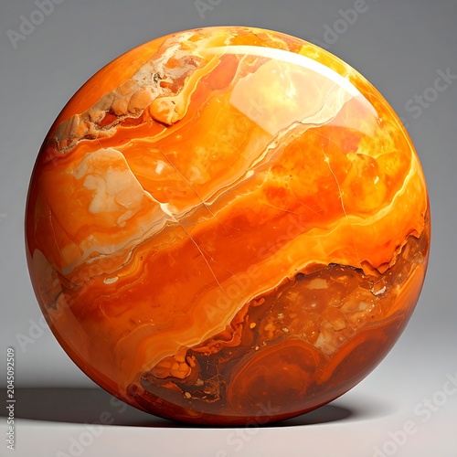 Polished Orange Agate Sphere Displayed on Gray Studio Background