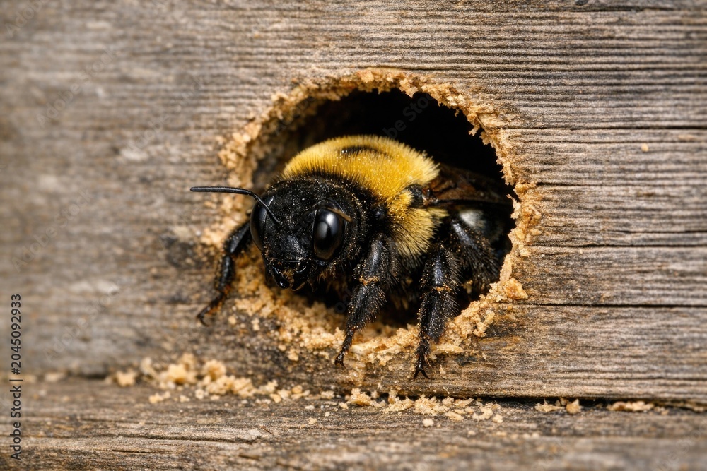 Fototapeta premium A close-up shot of a bee sitting inside a dark, enclosed space