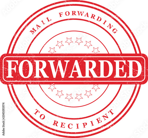 Official-looking mail service stamp featuring 'FORWARDED' text in a distressed red circle, symbolizing successful delivery and redirection of correspondence