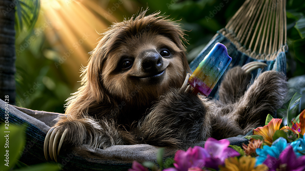 Fototapeta premium A sloth is lying comfortably in a hammock while holding a drink. Bright flowers are around it, and sunlight comes through the trees. The scene shows a warm, relaxed atmosphere.