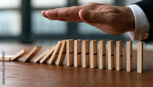 Hand stopping falling dominoes, illustrating control and prevention