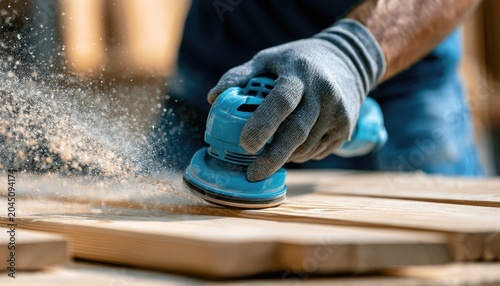 Hand wearing glove uses power sander on wooden planks, creating dust
