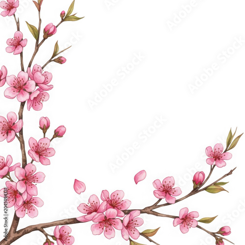 A branch of pink cherry blossoms on a white background